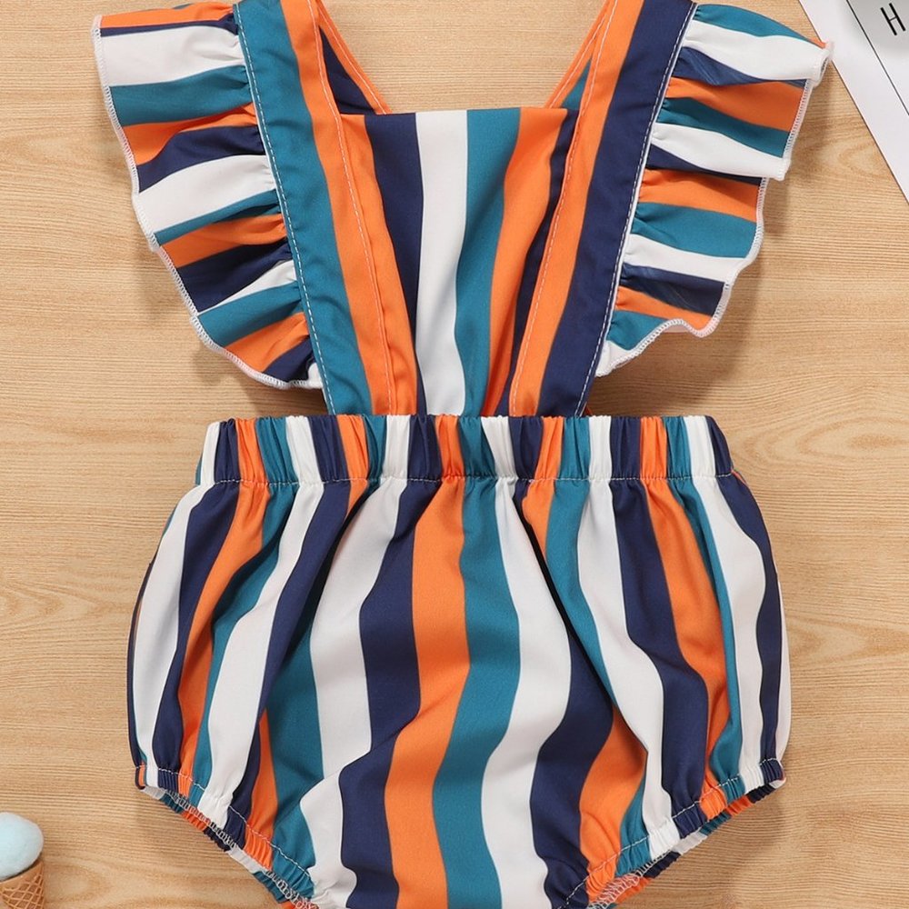 Colorful Stripes Ruffle Cross Back Baby Romper